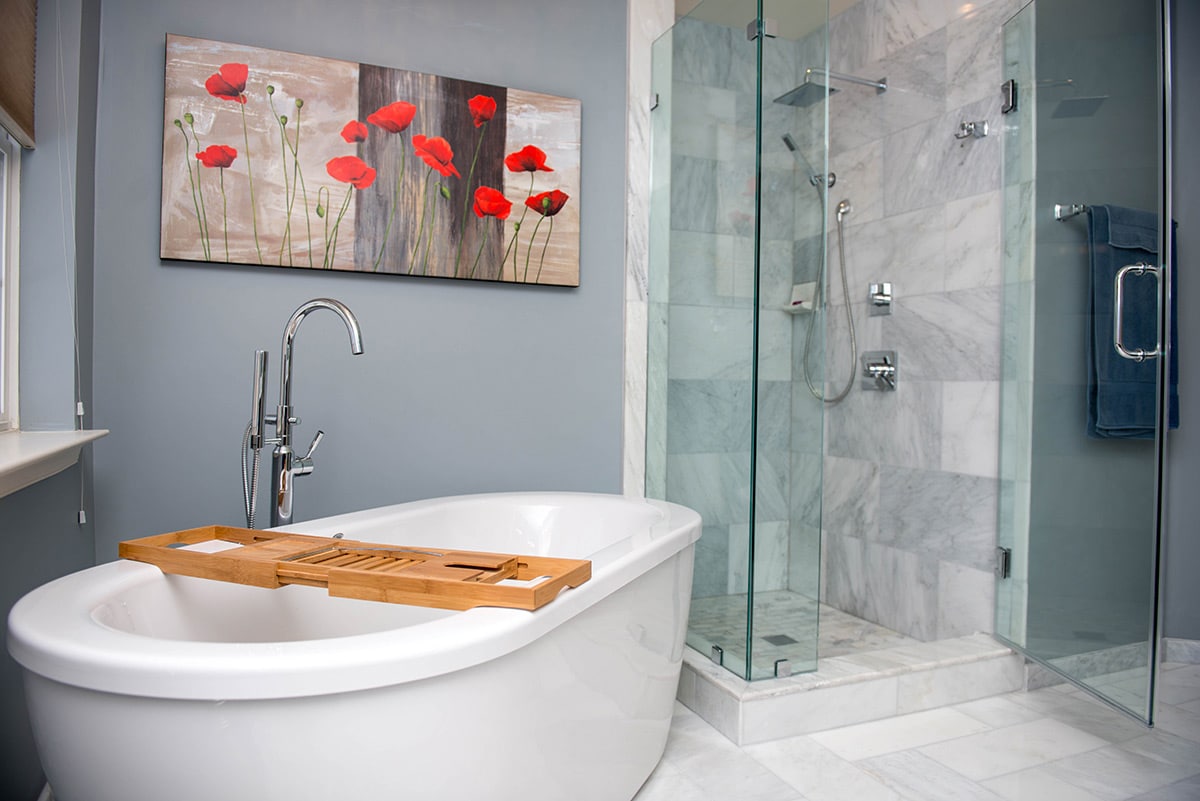 bathroom with free-standing tub and shower space