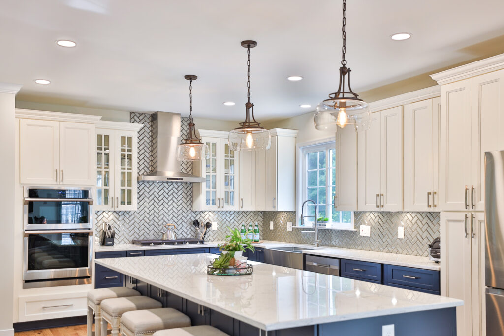 blue and white kitchen cabinets