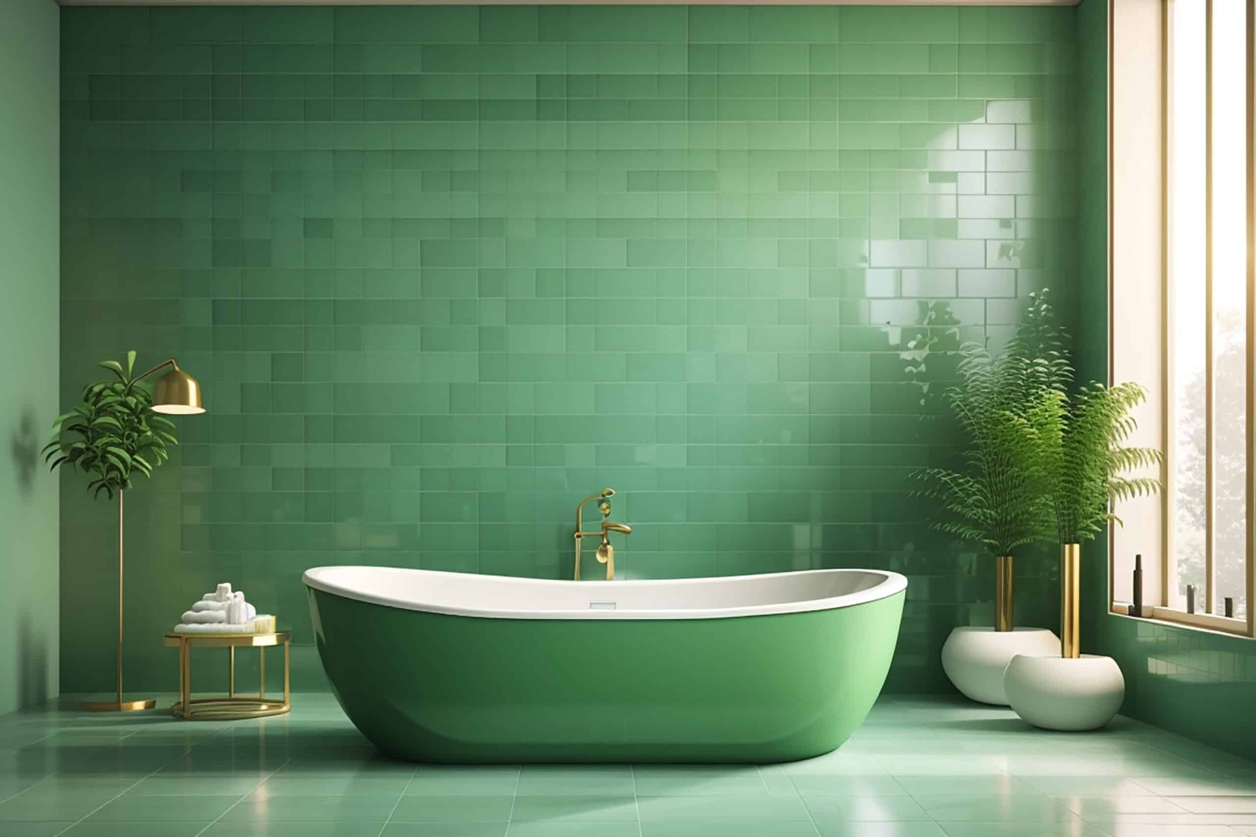 Green bath room interior bathtub with wall white and tiles floor.