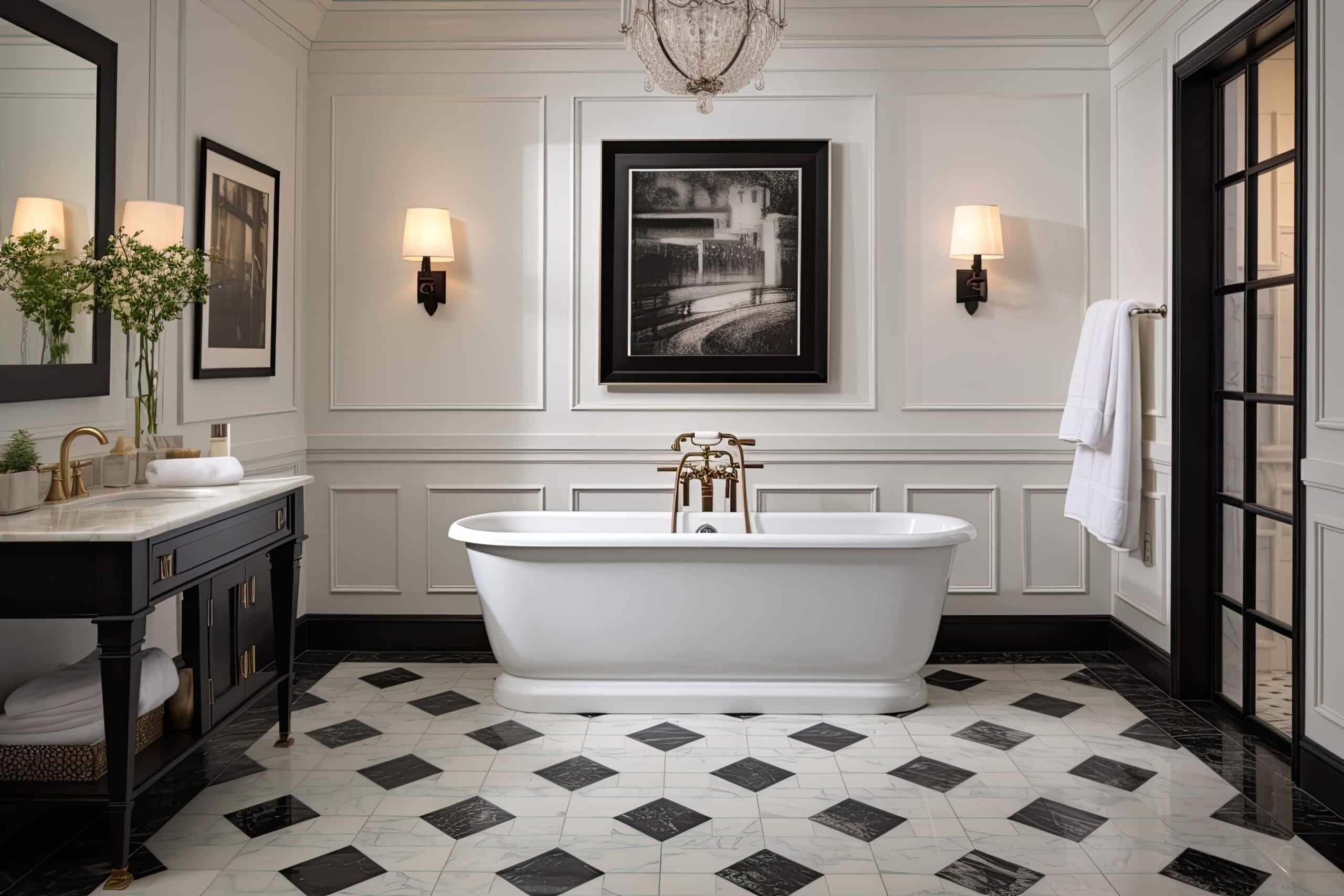 A highend bathroom featuring a freestanding bathtub, an elegant floor made of mosaic tiles, and white doors adorned with black handles. bathroom wainscoting