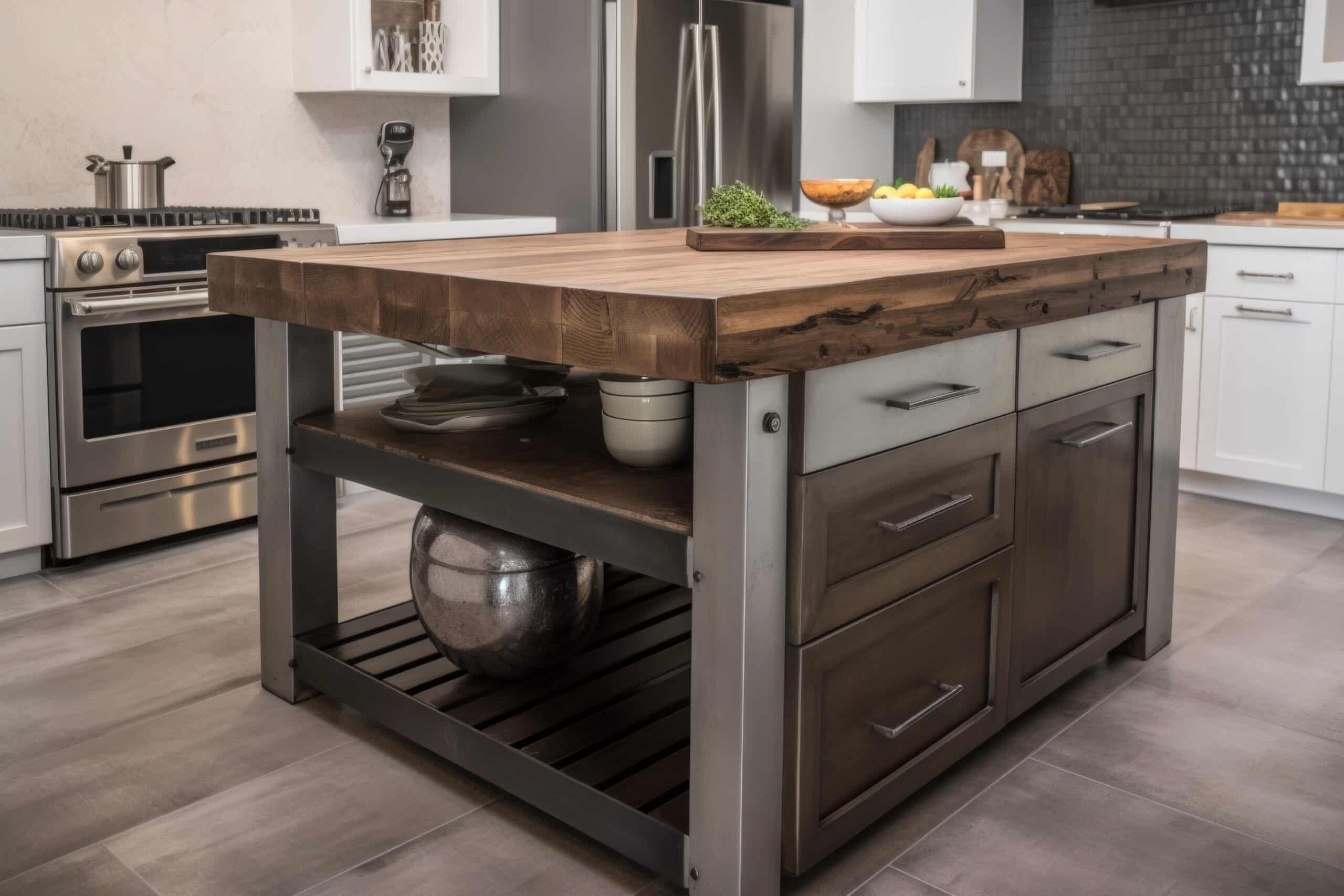 Kitchen Island With Upcycled Wooden Slabs Metal Accents Created With Generative Ai Scaled 