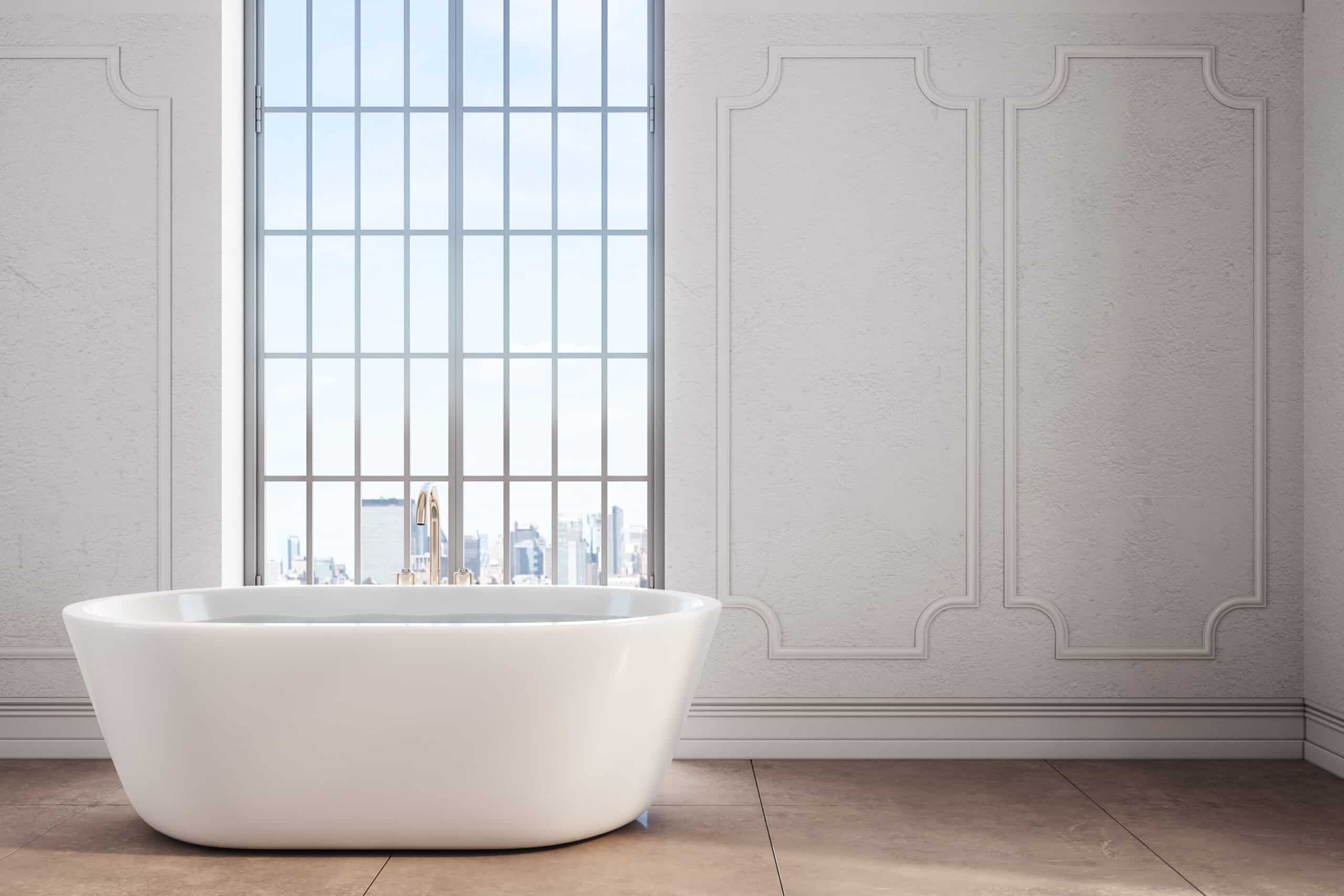 Modern bathroom interior with bathtub, copy space on wall and city view. wainscoting in the bathroom