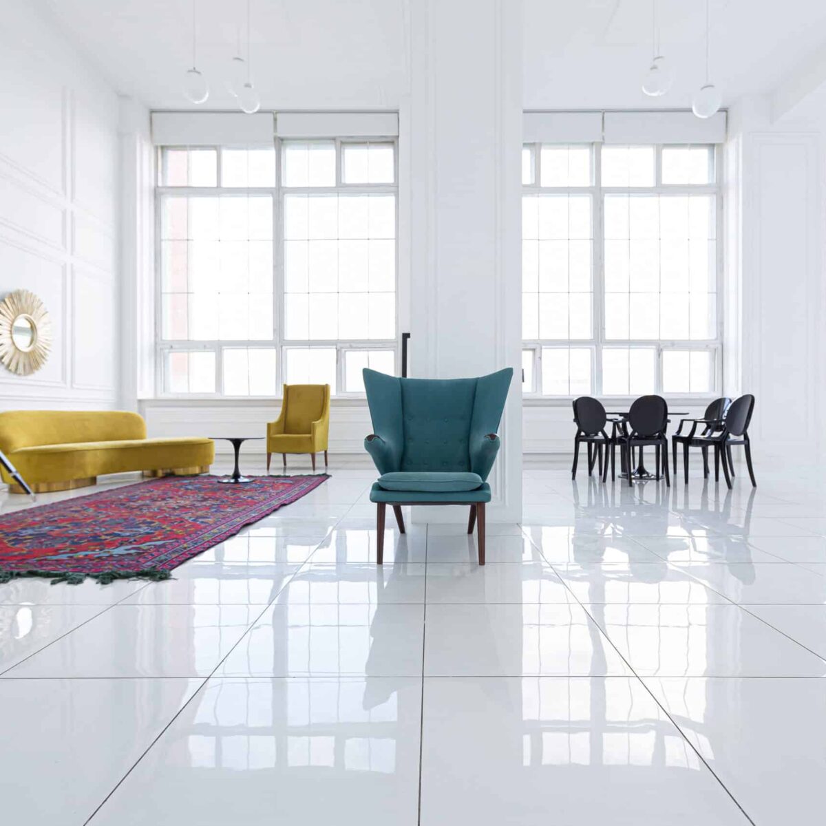 modern fashionable futuristic interior design of a spacious white hall with black and yellow furniture white tiles